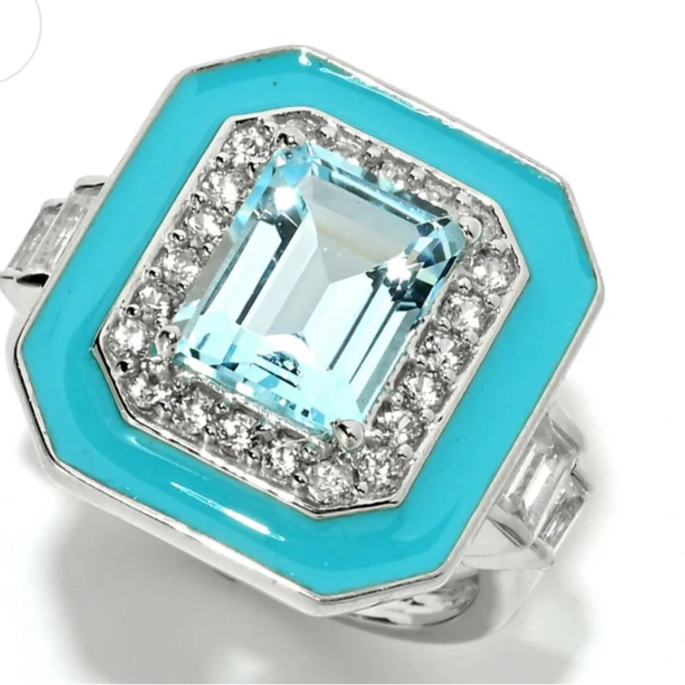 😍 Platinum Plated 925 Silver 3.74ctw Sky Blue Topaz & White Zircon Ring. Size 9